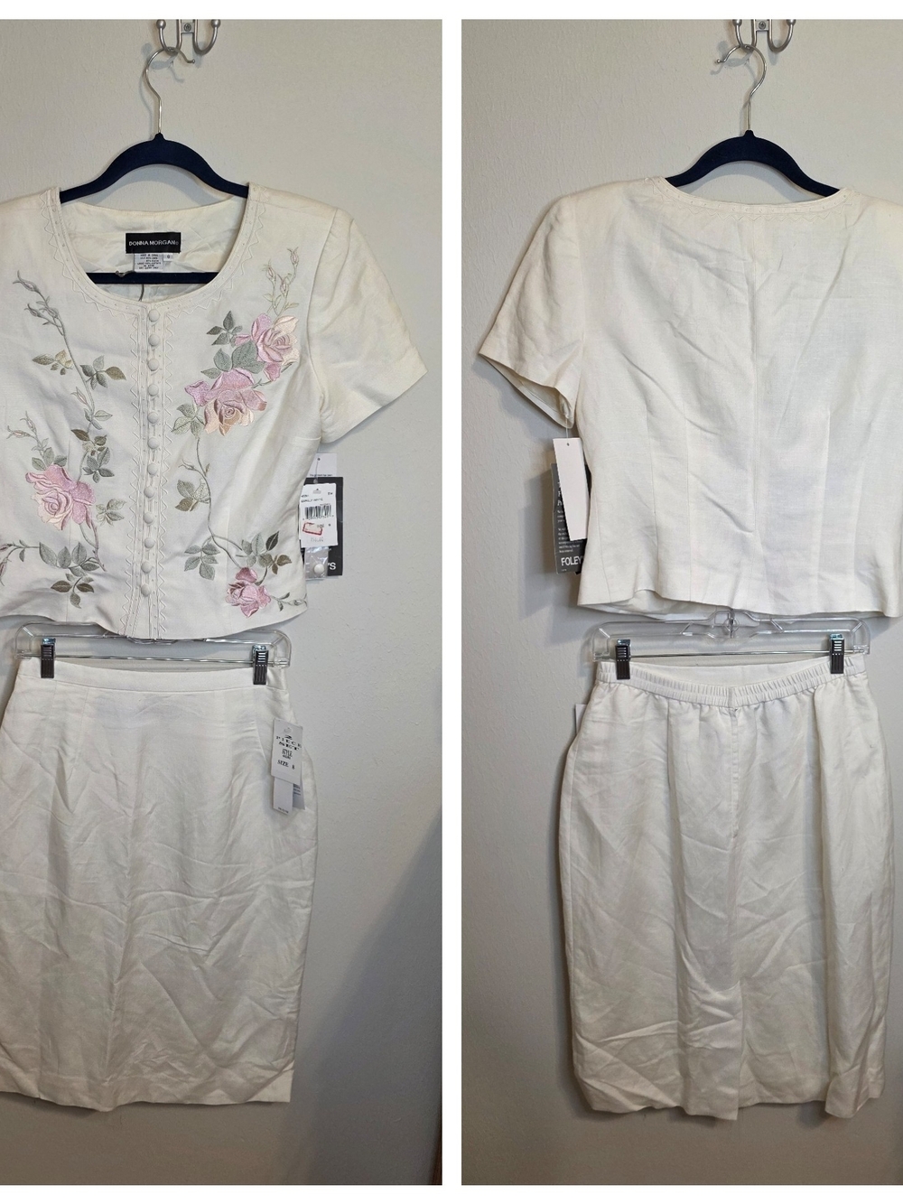 Donna Morgan Cream Two-Piece Skirt Set with Pink Rose Embroidery